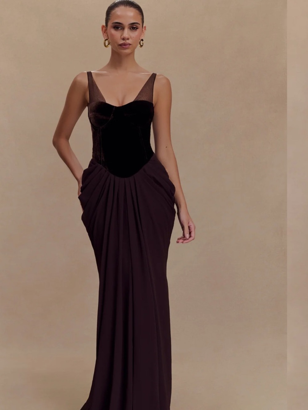 Meshki Roxanne Velvet Corset Maxi Dress in Cacao Brown